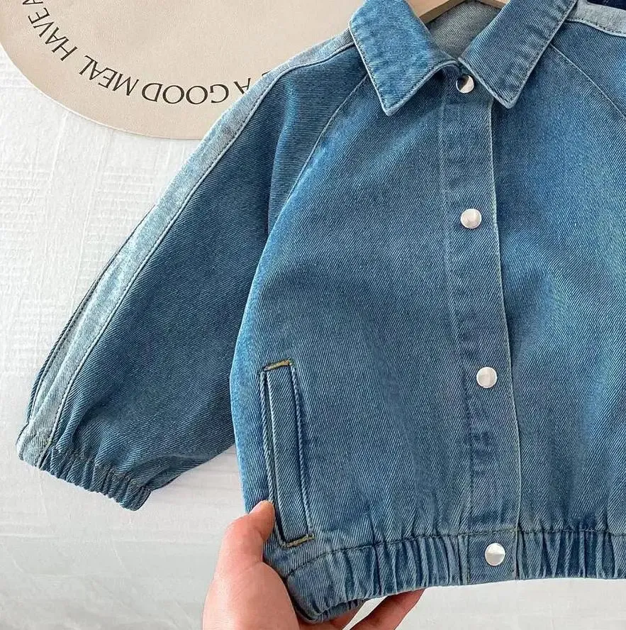 2024 Spring Autumn Kids Lapel Denim Coat Retro Girl Baby Jeans Boy Children Cardigan Long Sleeve Coat Loose Toodler Casual Pants