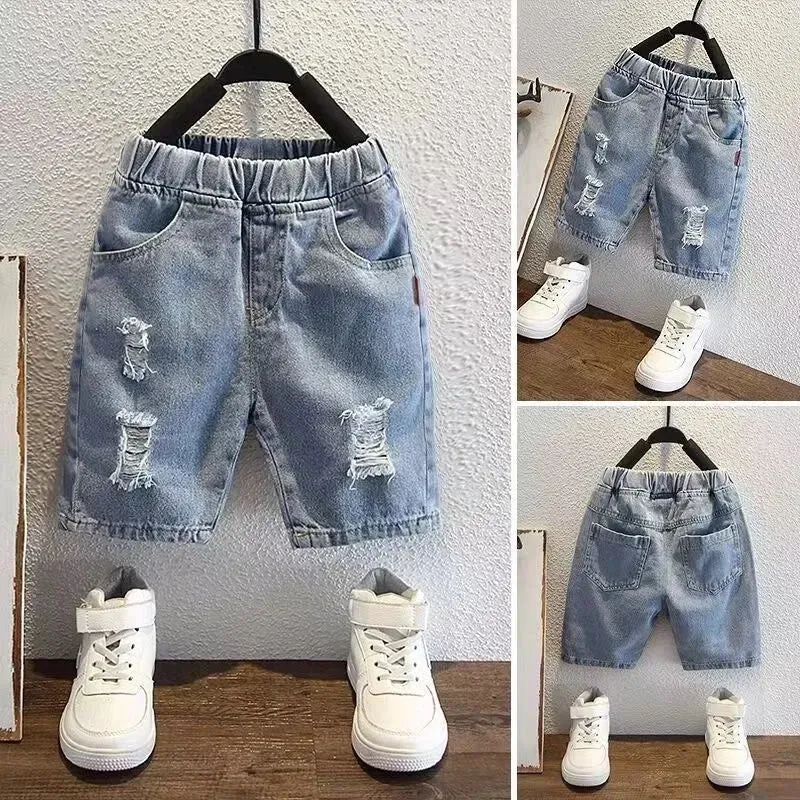 2024 Summer Thin Children's Shorts Baby Korean Boys Ripped Jeans Five Quarter Pants Children Soft Outside Wear