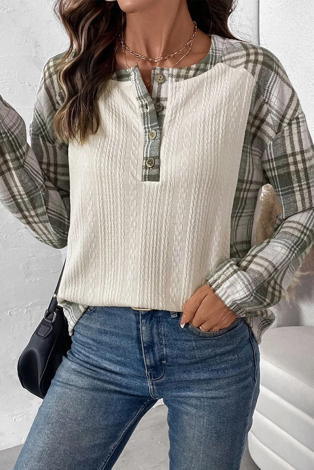 Apricot Checkered Patchwork Textured Pullover Top