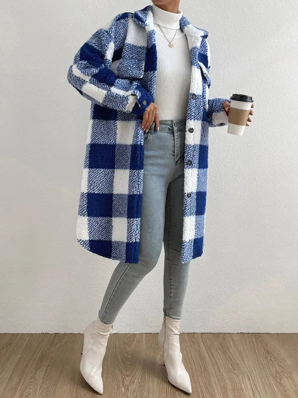 Autumn and winter open buckle lapel plush plaid coat loose temperament commuter long coat