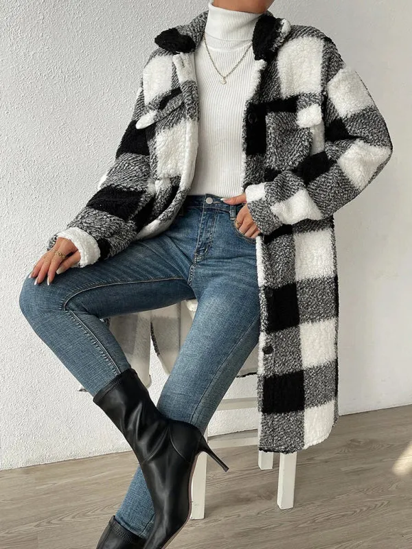 Autumn and winter open buckle lapel plush plaid coat loose temperament commuter long coat