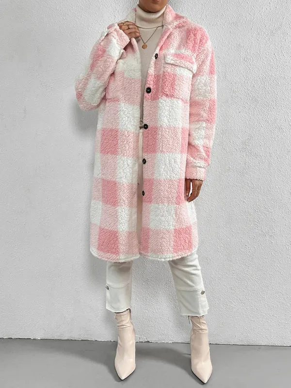 Autumn and winter open buckle lapel plush plaid coat loose temperament commuter long coat