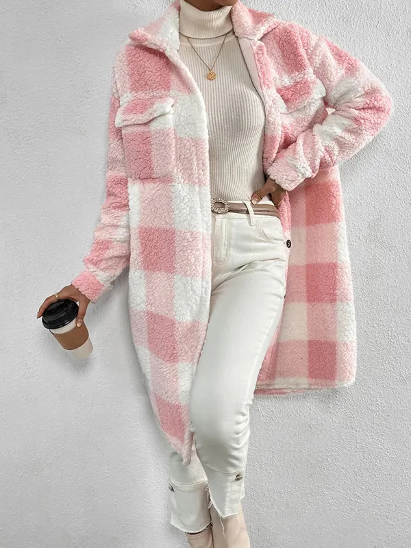 Autumn and winter open buckle lapel plush plaid coat loose temperament commuter long coat