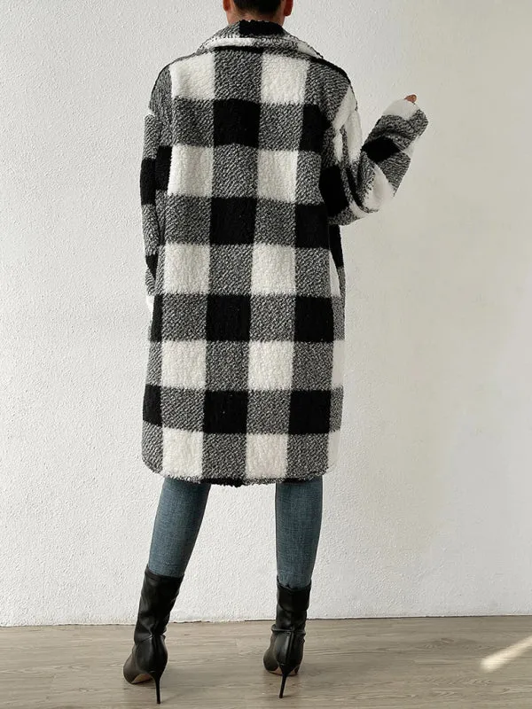 Autumn and winter open buckle lapel plush plaid coat loose temperament commuter long coat