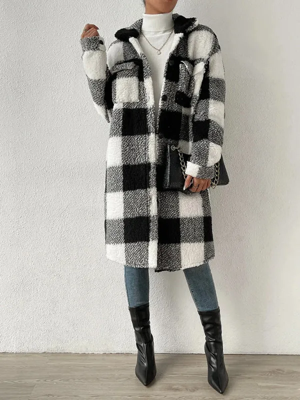 Autumn and winter open buckle lapel plush plaid coat loose temperament commuter long coat