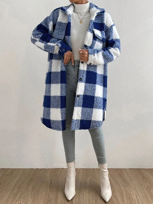 Autumn and winter open buckle lapel plush plaid coat loose temperament commuter long coat