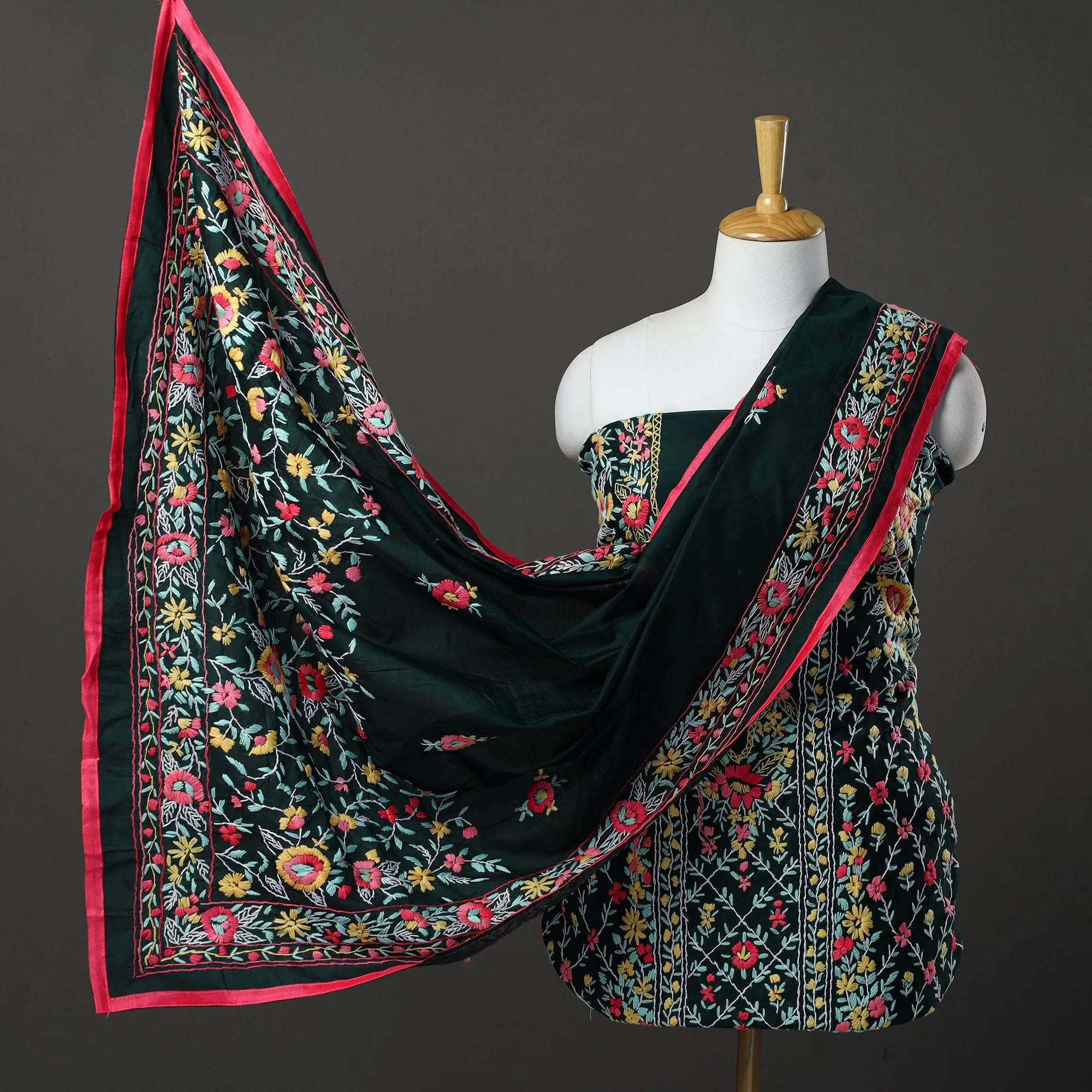 Black - 3pc Hand Embroidery Chanderi Silk Phulkari Dress Material 105