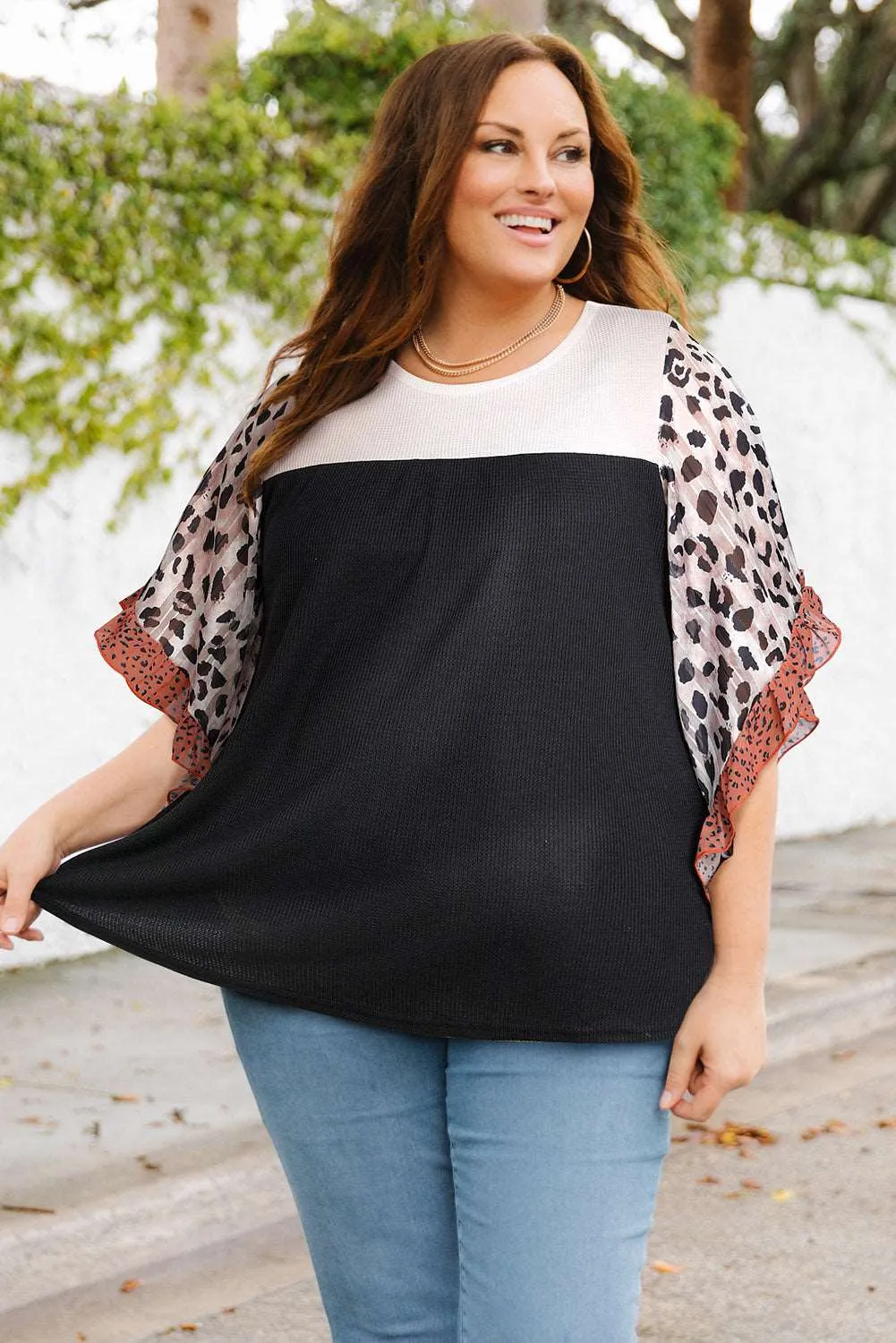 Black Rib Knit Animal Print Ruffle Sleeves Plus Size Top