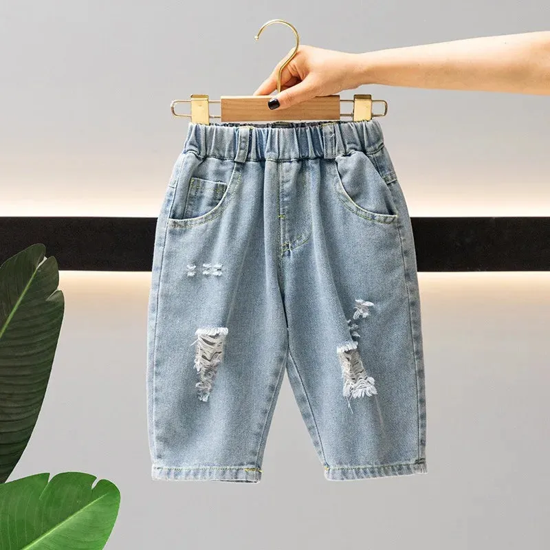 Boys Ripped Jeans Five Quarter Pants Children 2024 Summer Thin Children's Shorts Baby Korean Soft Outside Wear