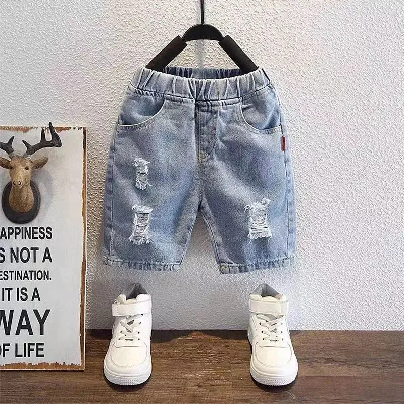 Boys Ripped Jeans Five Quarter Pants Children 2024 Summer Thin Children's Shorts Baby Korean Soft Outside Wear