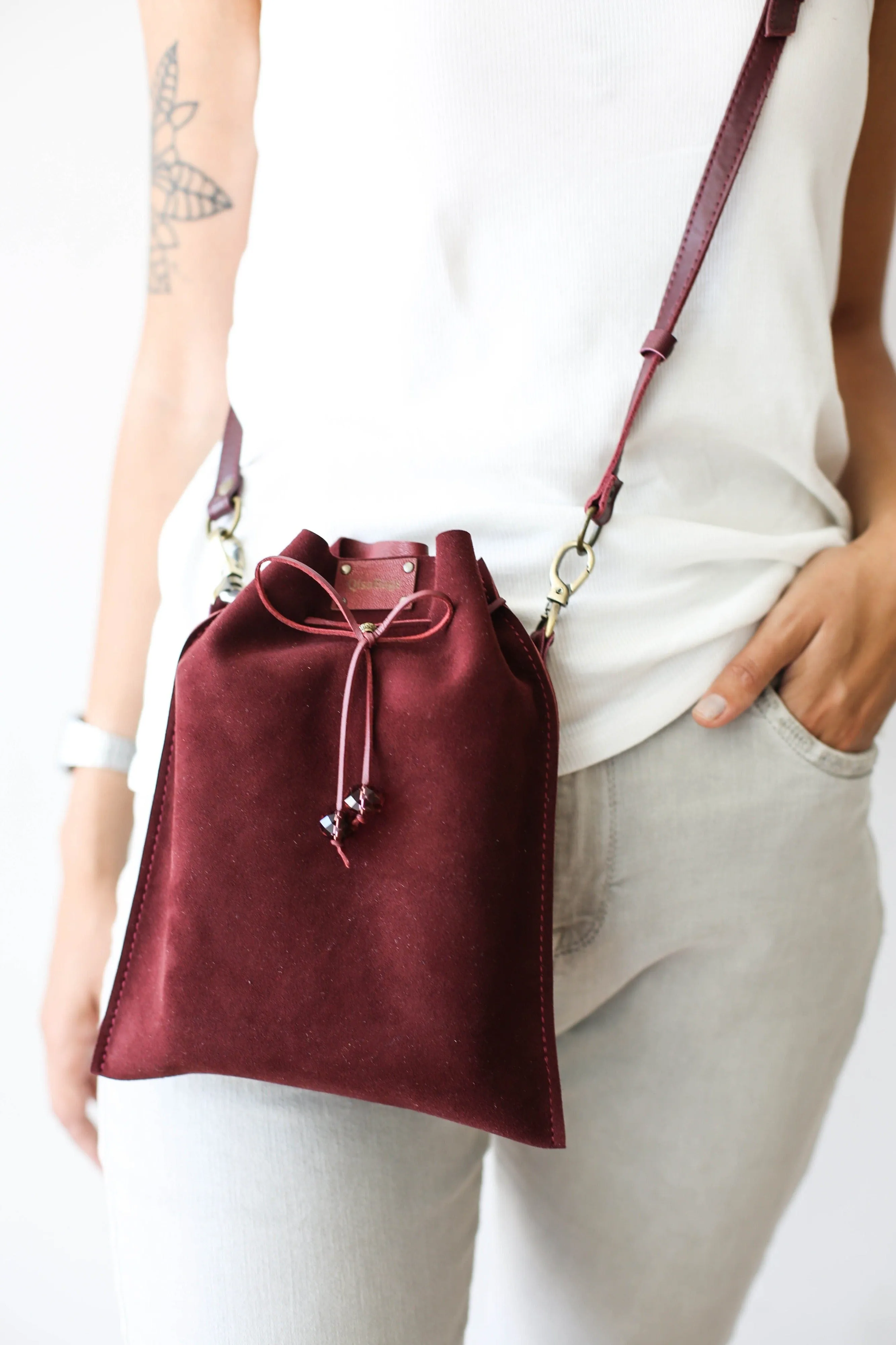 Burgundy Suede Pouch Bag