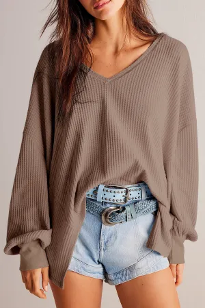 Coffee Waffle V Neck Drop Shoulder Loose Top