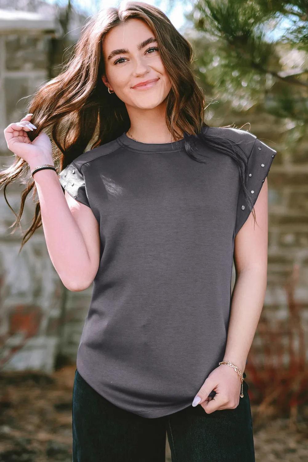 Dark Grey Casual Studded Round Neck T Shirt