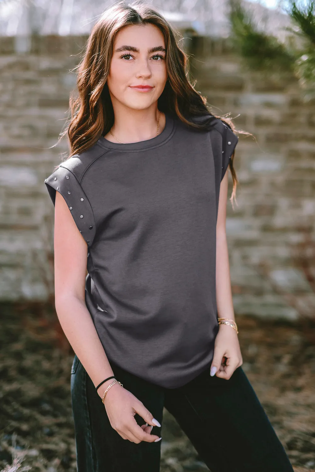 Dark Grey Casual Studded Round Neck T Shirt