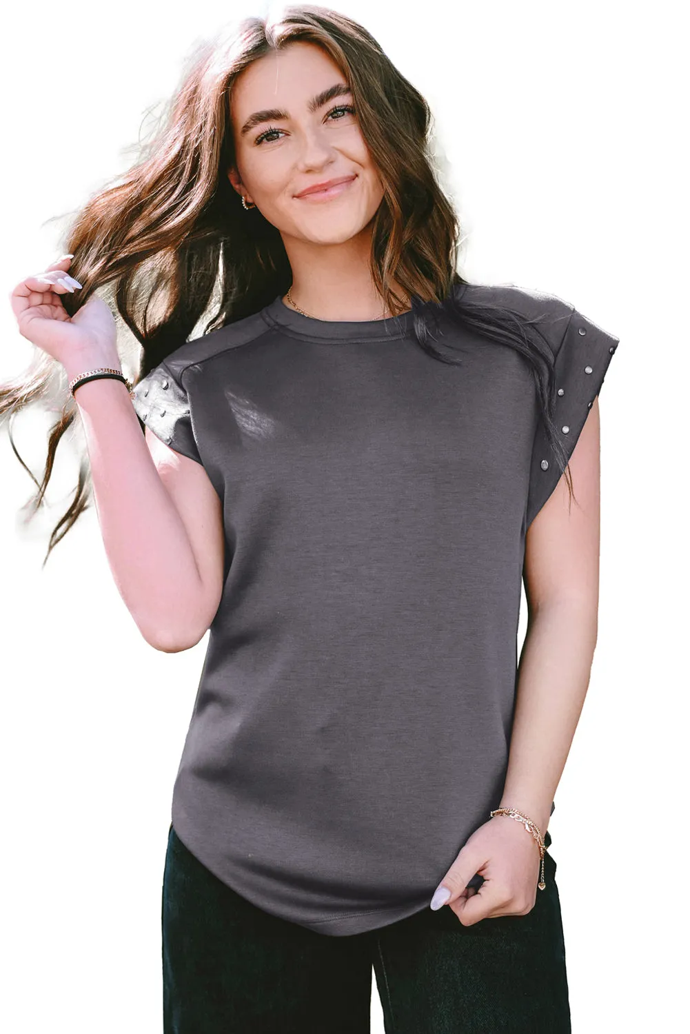 Dark Grey Casual Studded Round Neck T Shirt