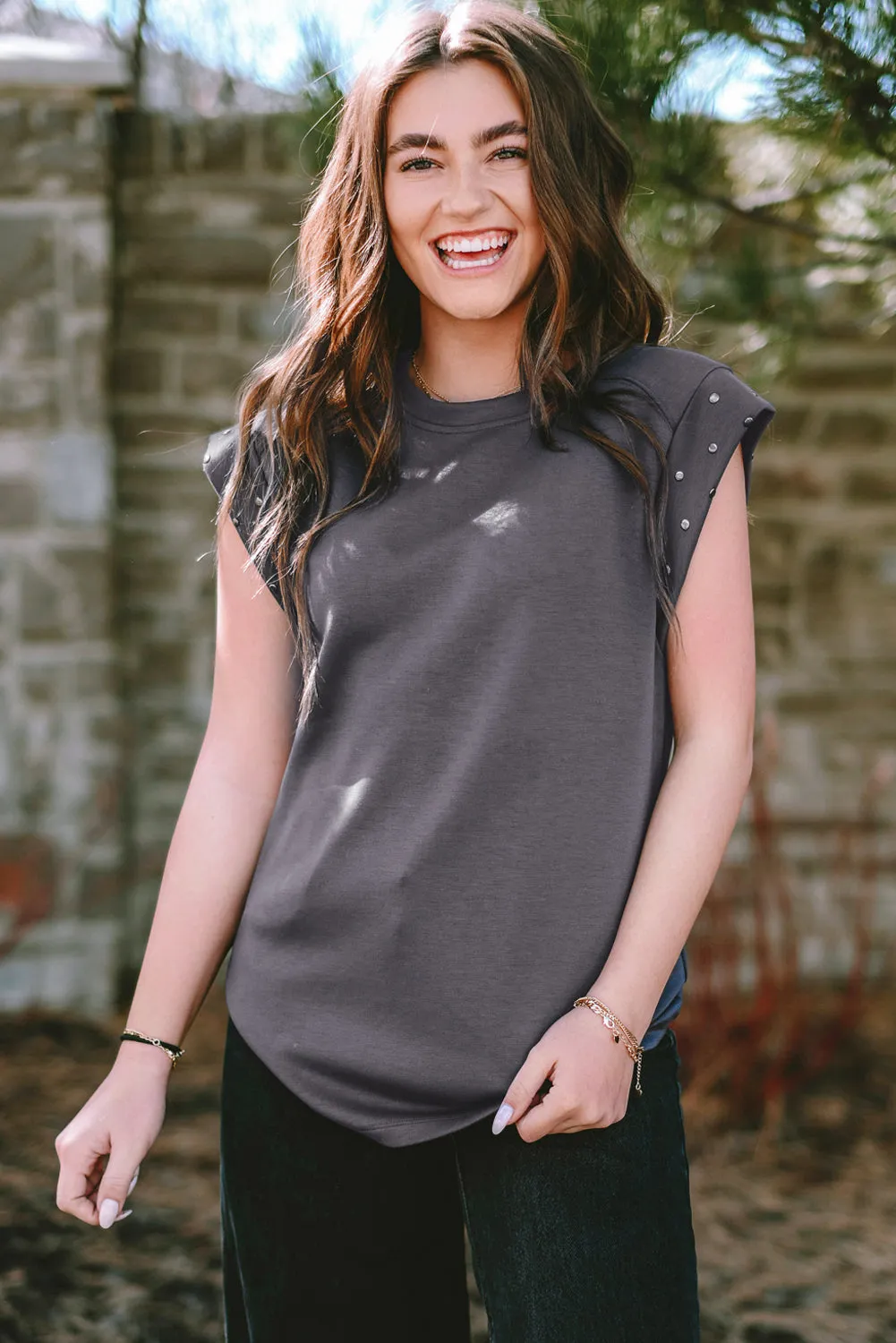 Dark Grey Casual Studded Round Neck T Shirt