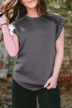 Dark Grey Casual Studded Round Neck T Shirt