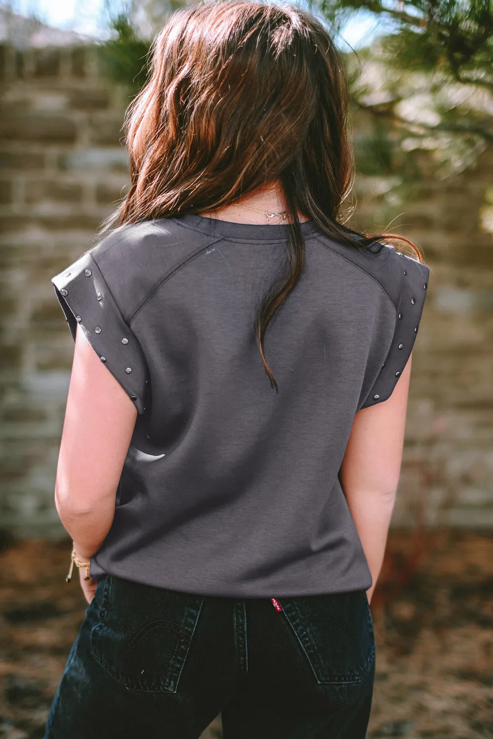 Dark Grey Casual Studded Round Neck T Shirt