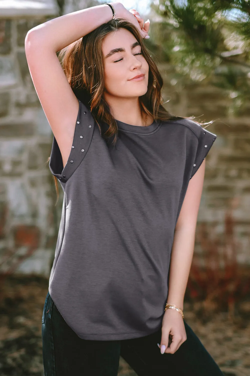 Dark Grey Casual Studded Round Neck T Shirt