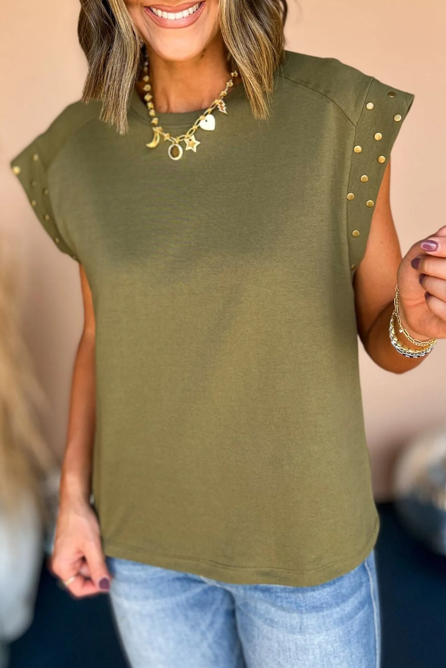 Dark Grey Casual Studded Round Neck T Shirt