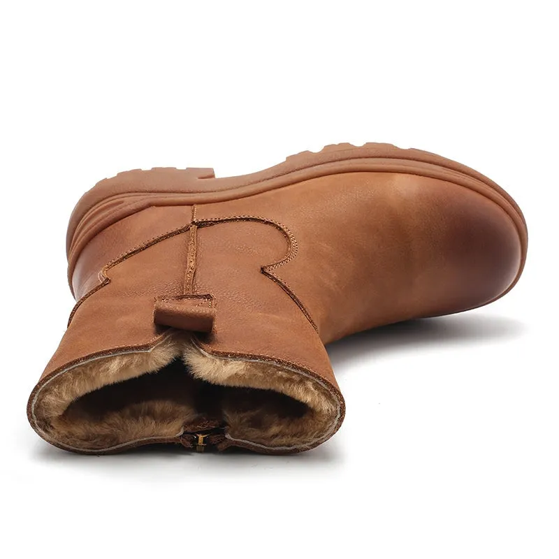 Dwarves Leather Short Boots Snow Boots Have Fleece Lined for Cold Winter in Black/Brown