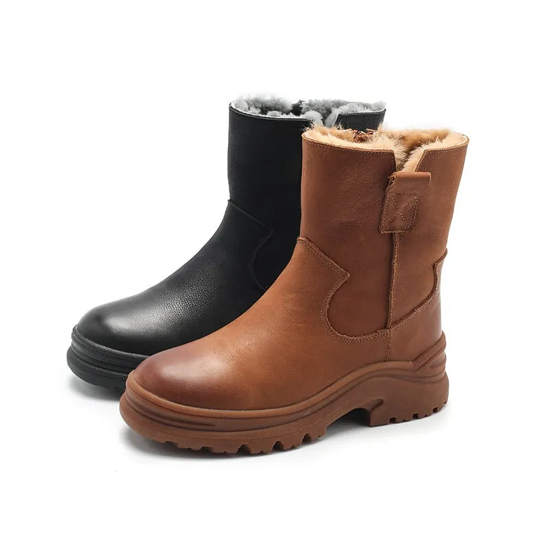 Dwarves Leather Short Boots Snow Boots Have Fleece Lined for Cold Winter in Black/Brown