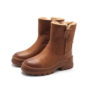 Dwarves Leather Short Boots Snow Boots Have Fleece Lined for Cold Winter in Black/Brown