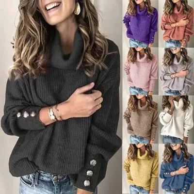 Fashion high collar loose casual solid color sweater