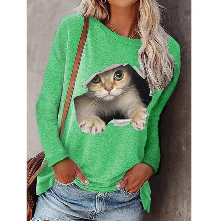 Fashion women's round neck pullover cat long sleeve T-shirt