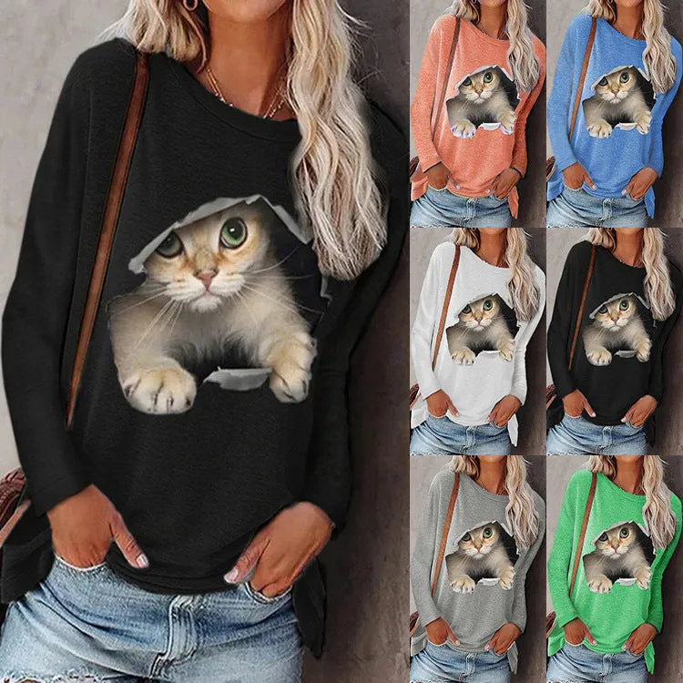 Fashion women's round neck pullover cat long sleeve T-shirt