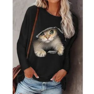 Fashion women's round neck pullover cat long sleeve T-shirt