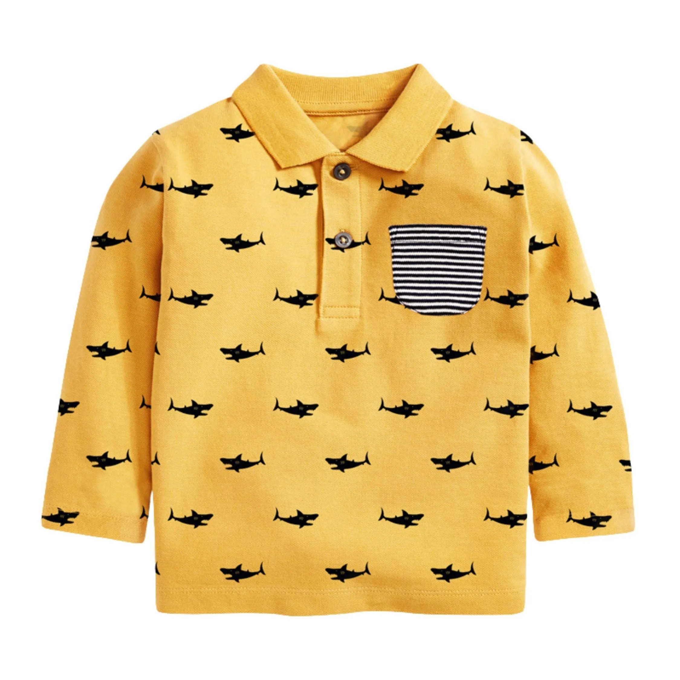 Full Sleeve Shark Print Boys Polo, Yellow