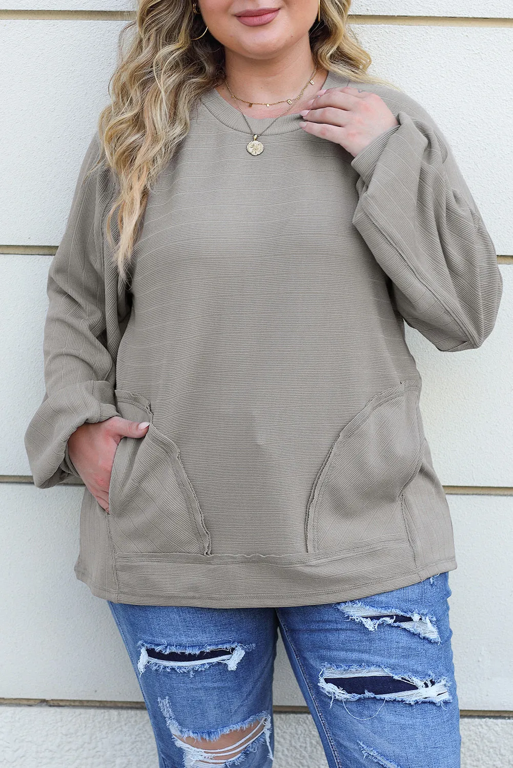 Gray Ribbed Side Pockets Long Sleeve Plus Size Top