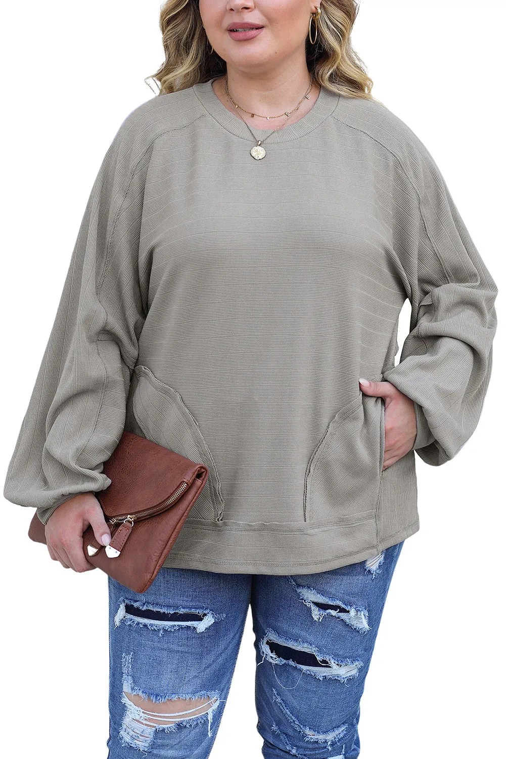 Gray Ribbed Side Pockets Long Sleeve Plus Size Top