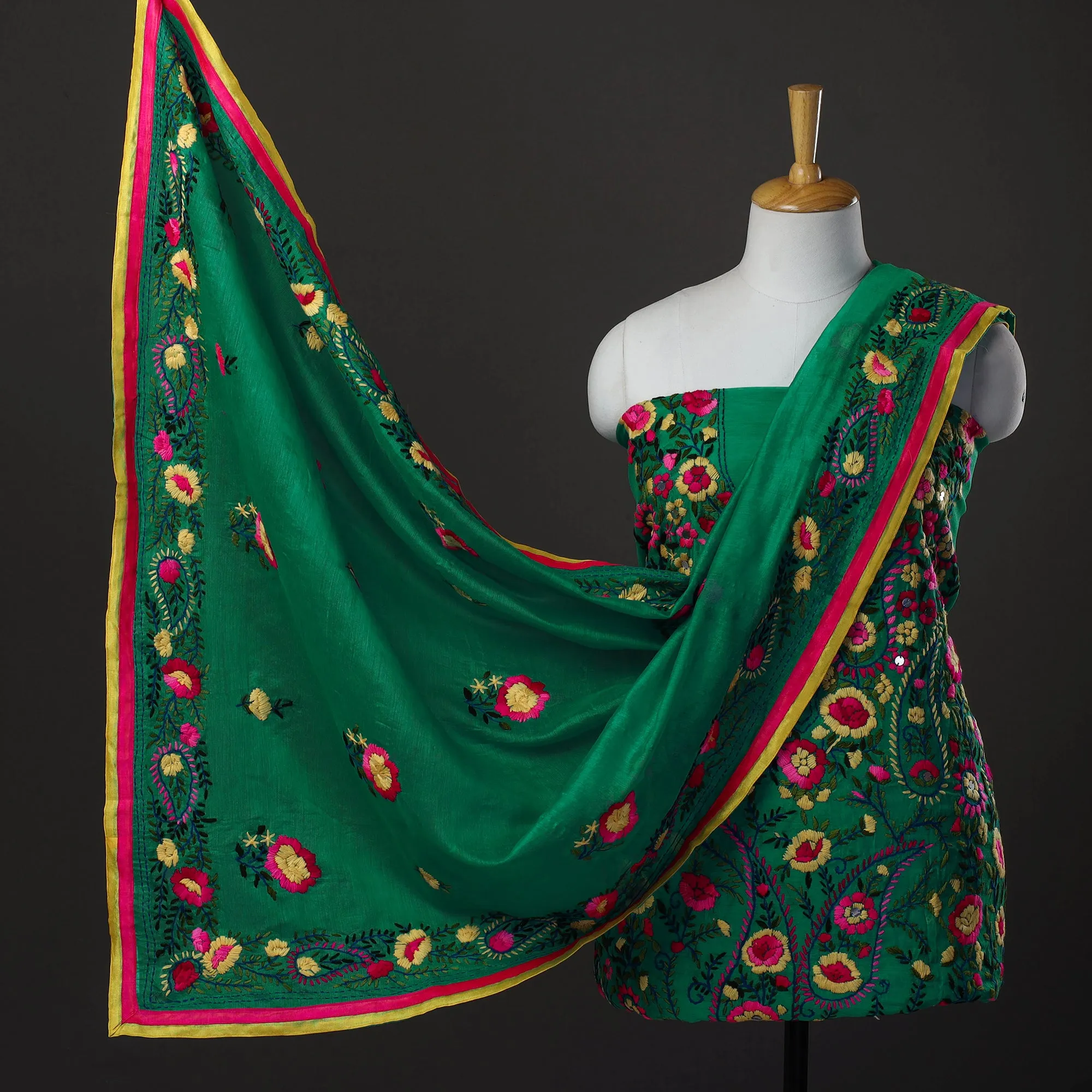 Green - 3pc Hand Embroidery Chanderi Silk Phulkari Dress Material 36