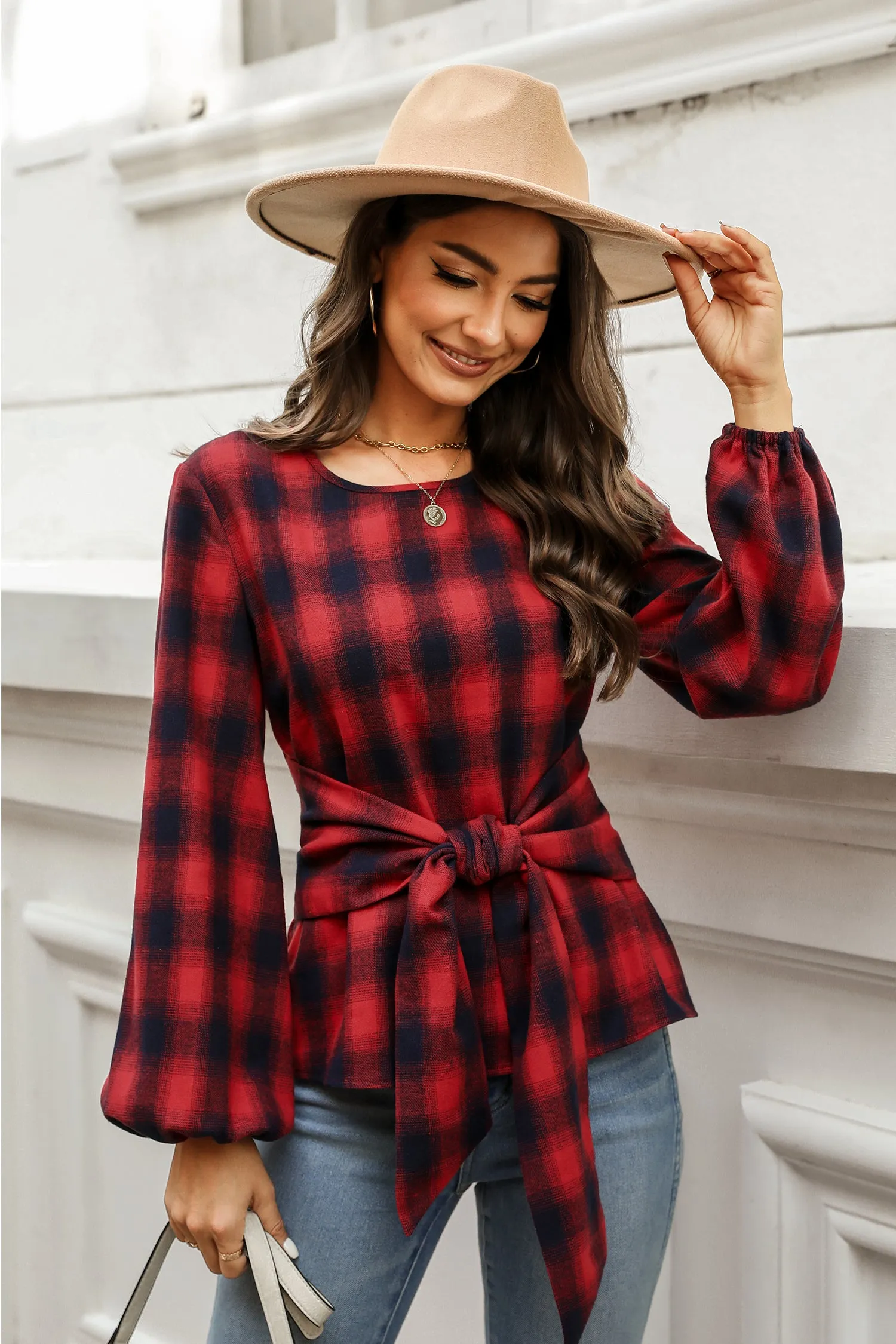 Helah Belted Buffalo Plaid Top