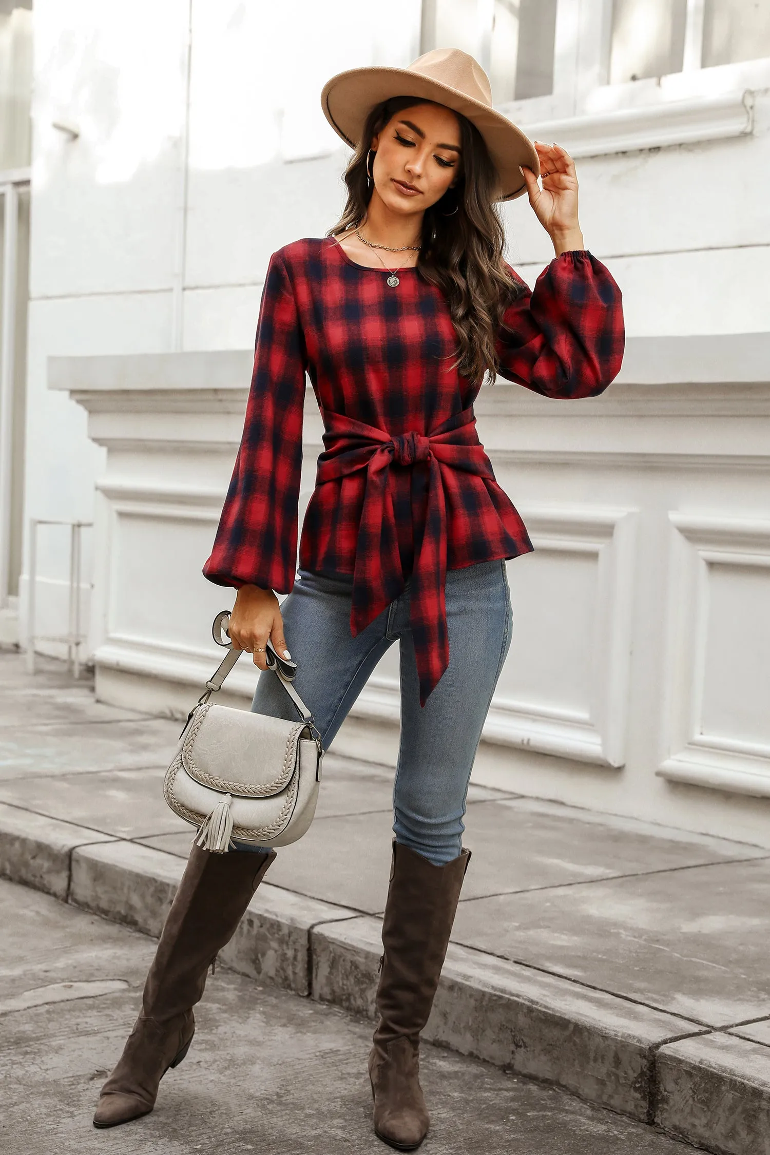 Helah Belted Buffalo Plaid Top