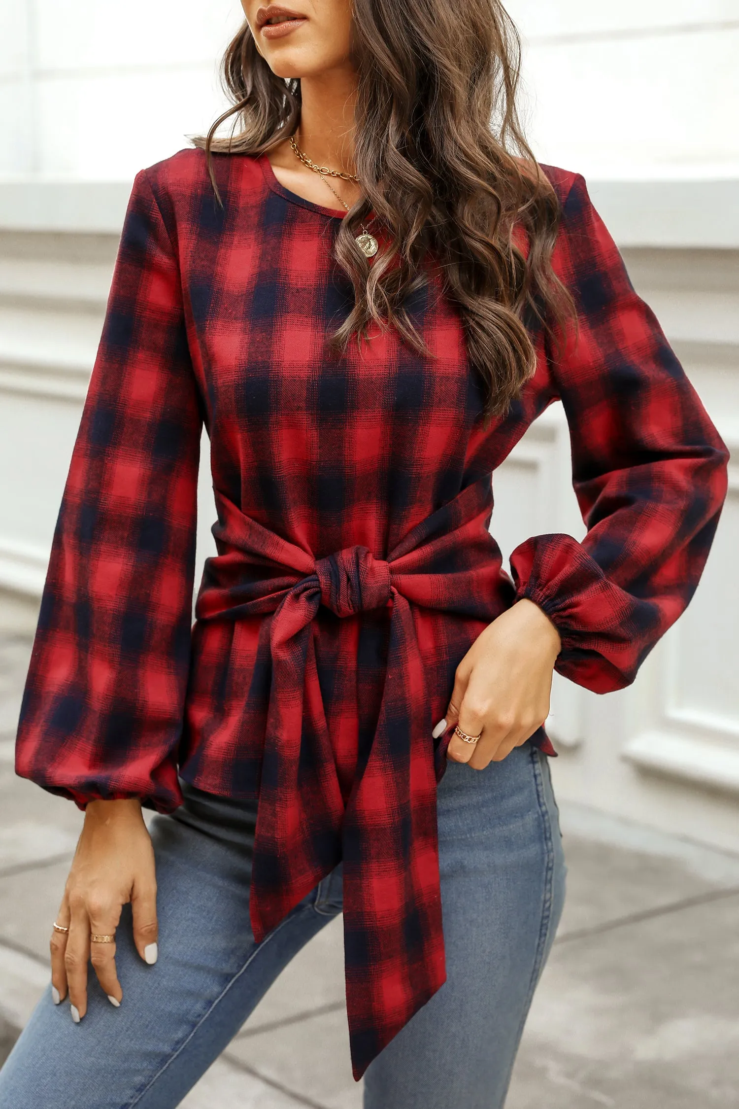 Helah Belted Buffalo Plaid Top