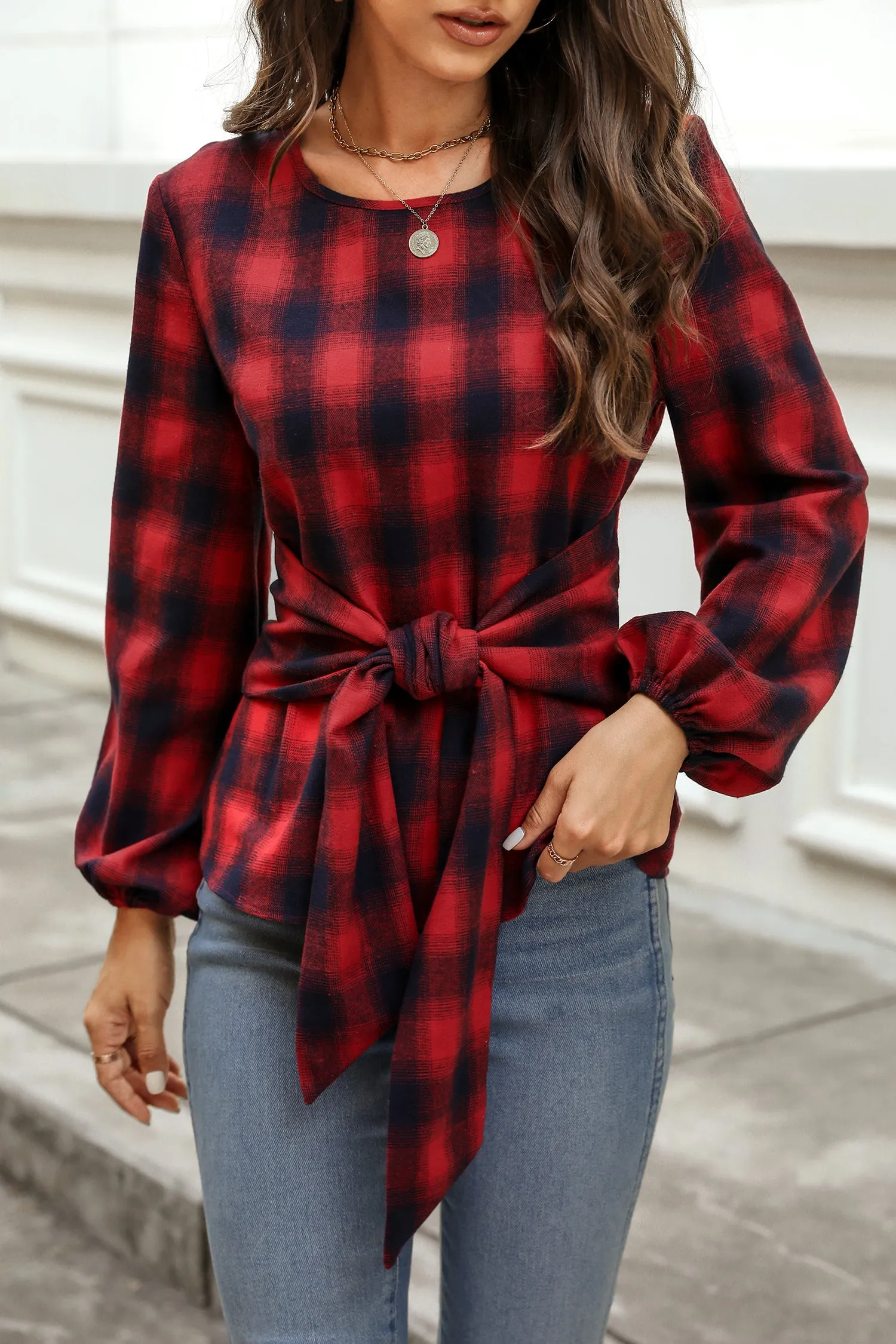 Helah Belted Buffalo Plaid Top