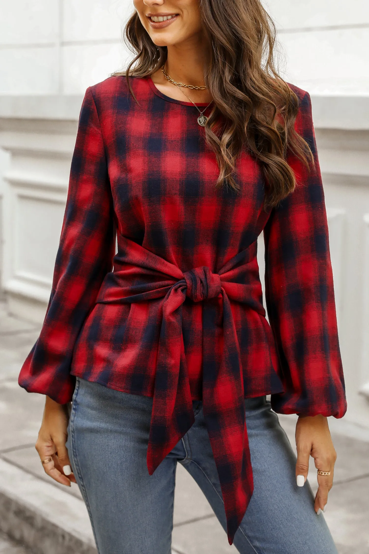 Helah Belted Buffalo Plaid Top