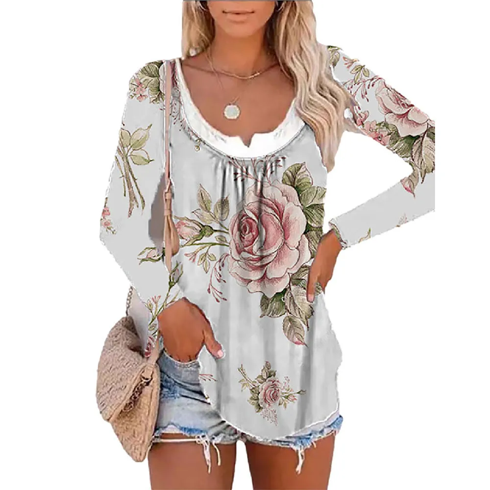 Long sleeve printed fake two-piece bottoming shirt round neck pullover T-shirt