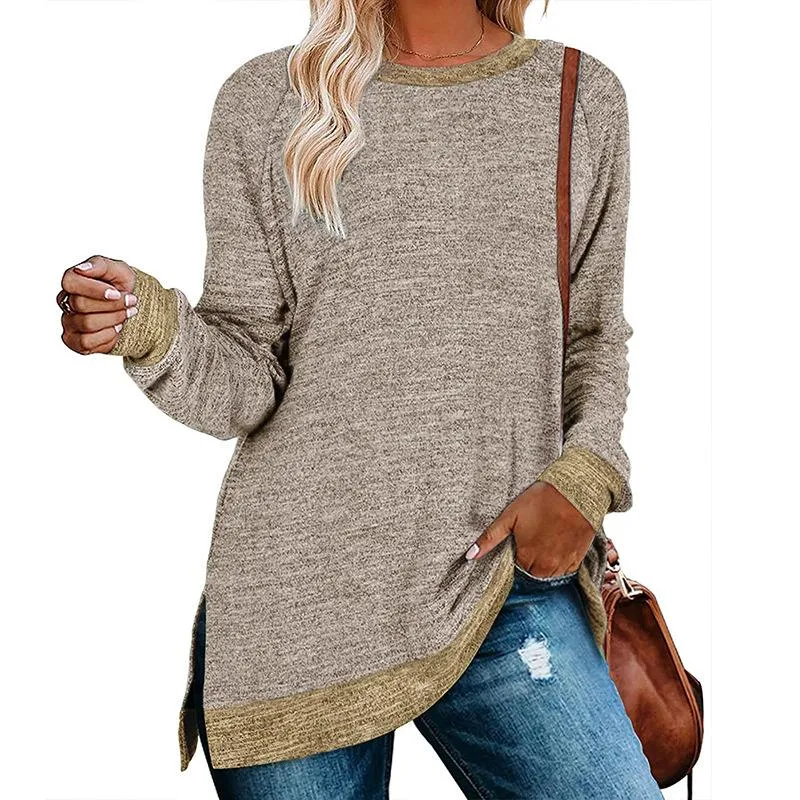 Long sleeve round neck color block slit top loose casual pullover t-Shirt