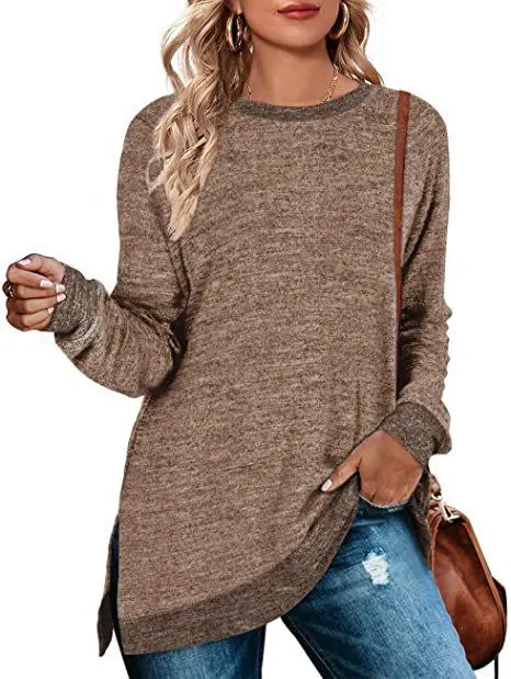 Long sleeve round neck color block slit top loose casual pullover t-Shirt