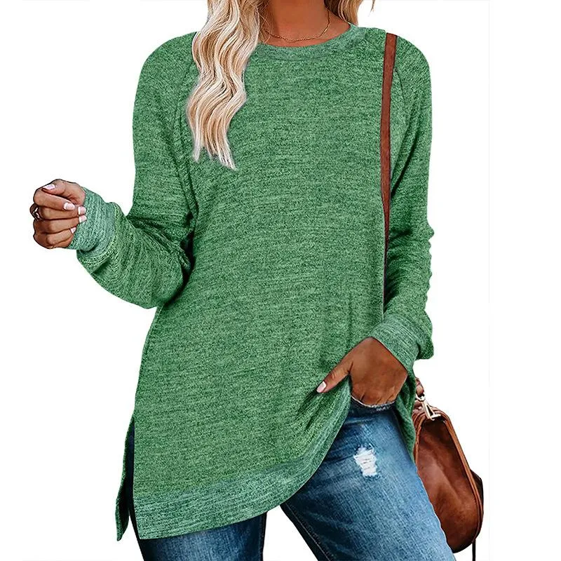 Long sleeve round neck color block slit top loose casual pullover t-Shirt