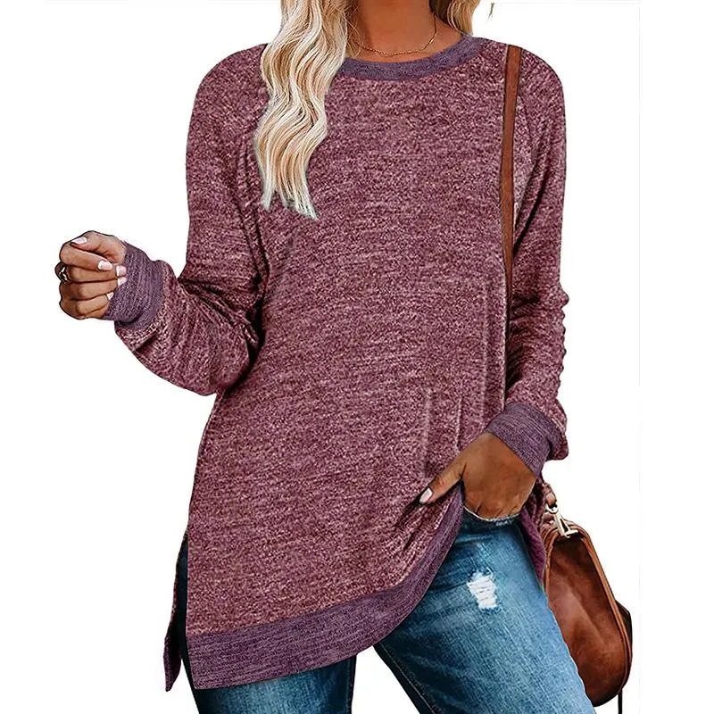 Long sleeve round neck color block slit top loose casual pullover t-Shirt