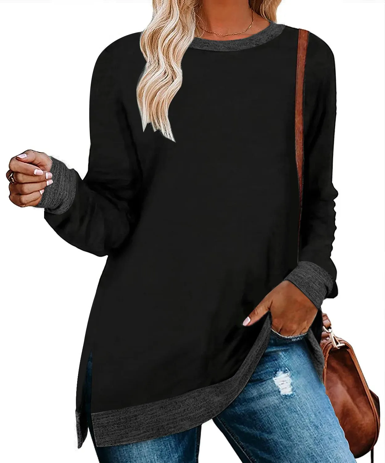 Long sleeve round neck color block slit top loose casual pullover t-Shirt