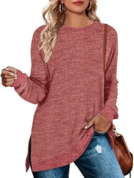 Long sleeve round neck color block slit top loose casual pullover t-Shirt