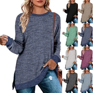 Long sleeve round neck color block slit top loose casual pullover t-Shirt