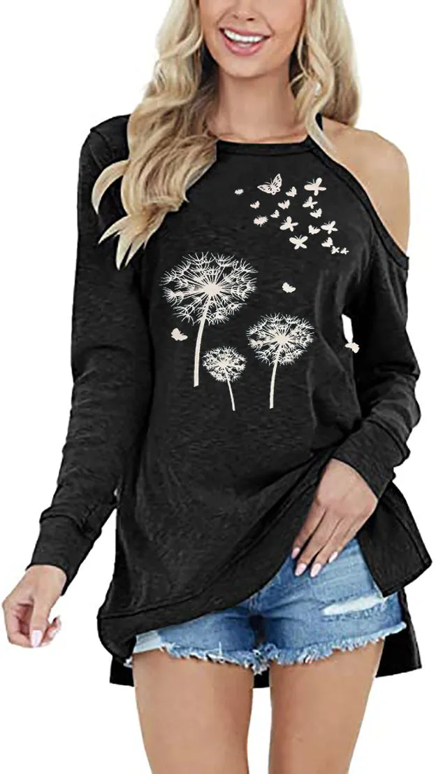 Long sleeve slack shoulder dandelion print round neck pullover T-shirt sweatshirt