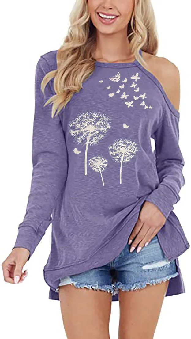 Long sleeve slack shoulder dandelion print round neck pullover T-shirt sweatshirt